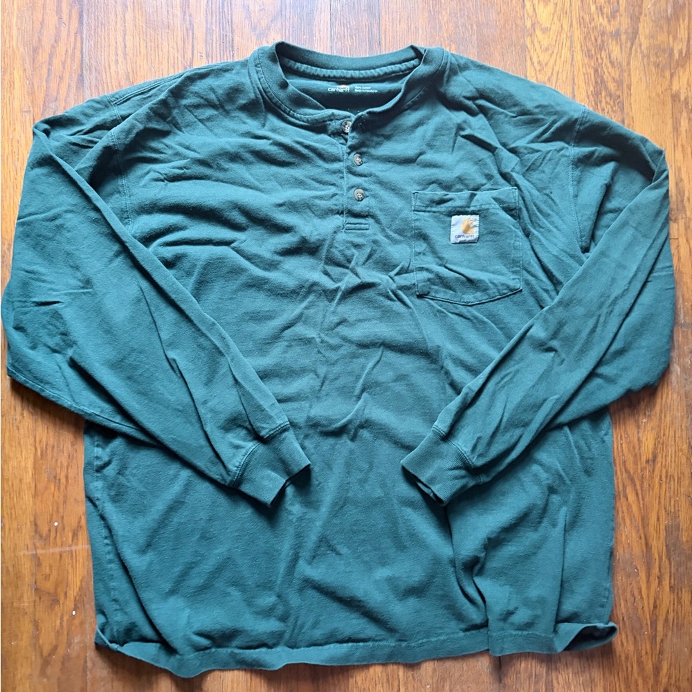 Carhartt Forest Green Long-Sleeve Henley Shirt with Chest Pocket